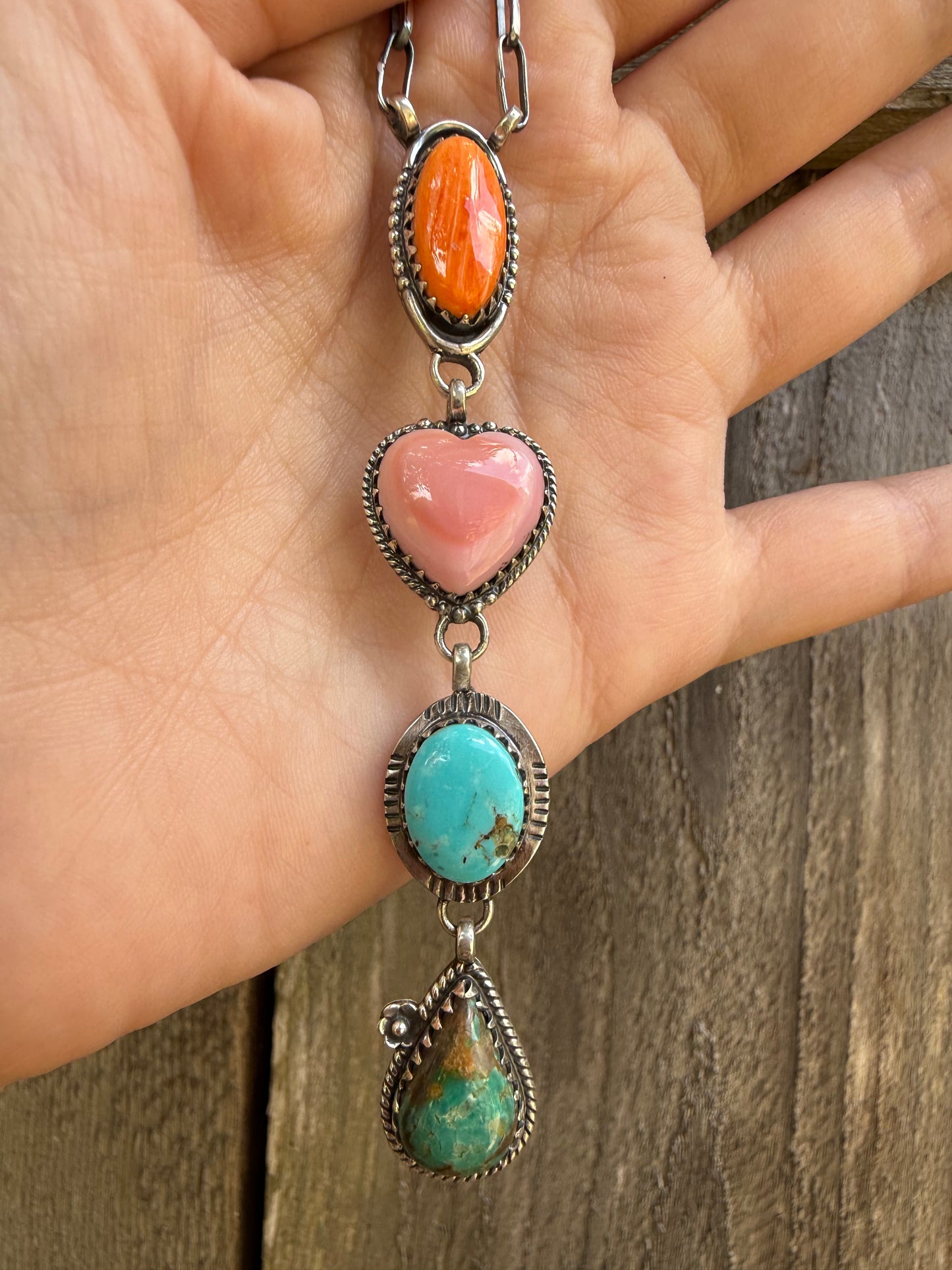 Multi Stone Orange spiny, pink Conch, Turquoise Sterling Silver Lariat