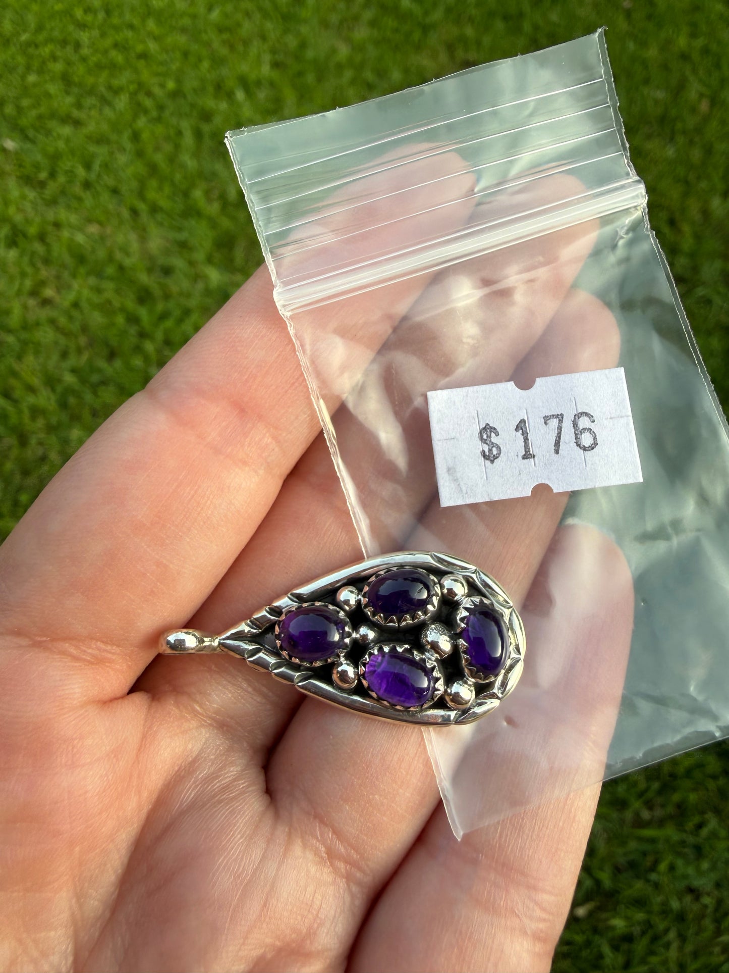 Navajo Amethyst Sterling Silver Tear Drop Cluster Pendant