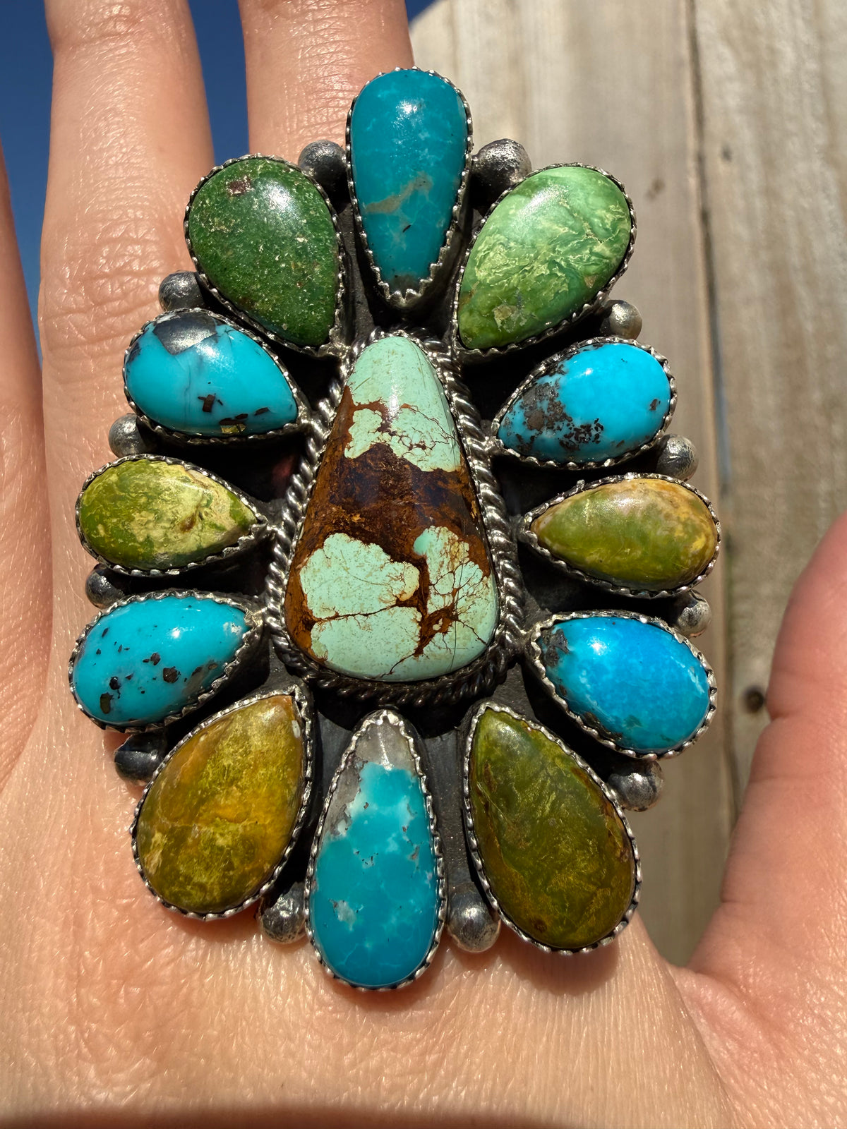 Navajo Big Multi Turquoise Full Flower Cluster Sterling Silver Adjustable Ring