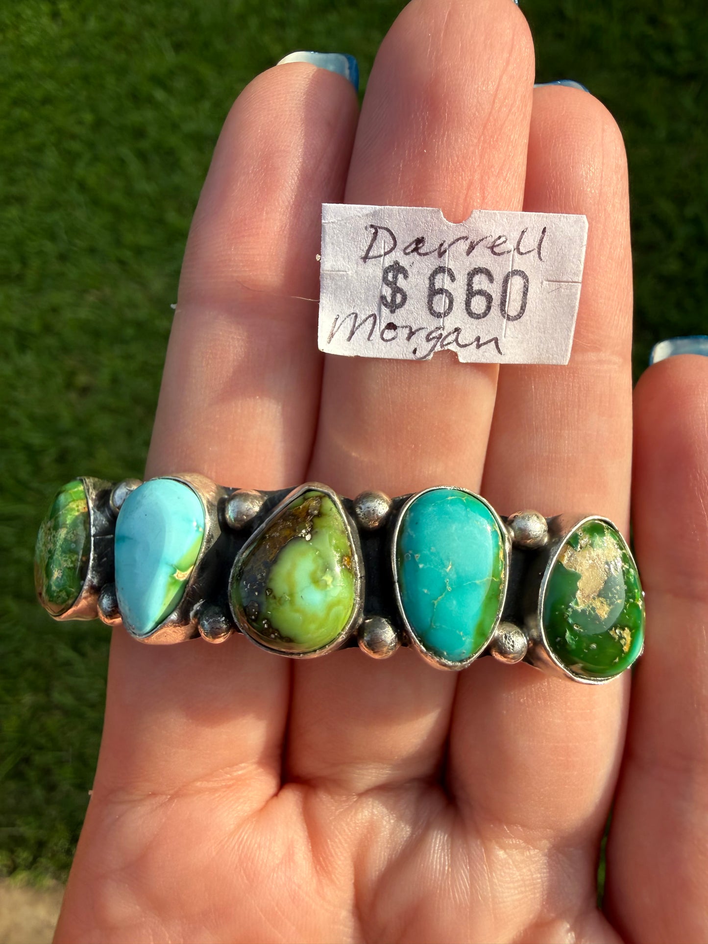 Navajo Sonoran Gold Turquoise 5 Stone Sterling Silver Cuff Bracelet