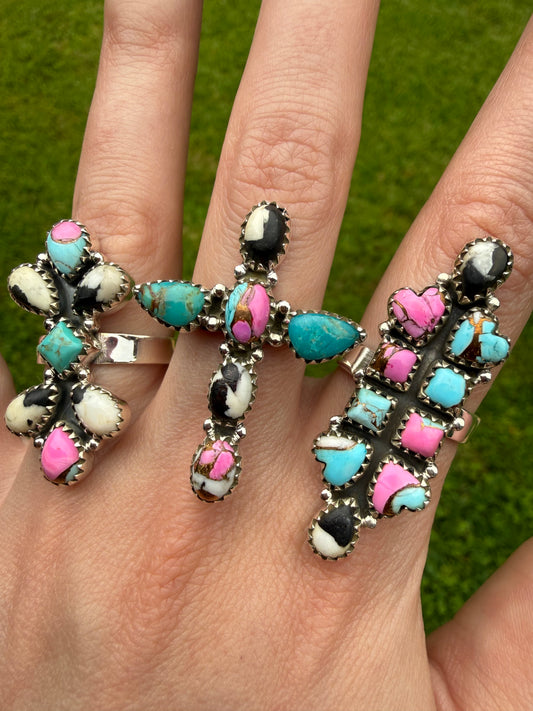 White Buffalo and Cotton Candy Adjustable Sterling Silver Rings