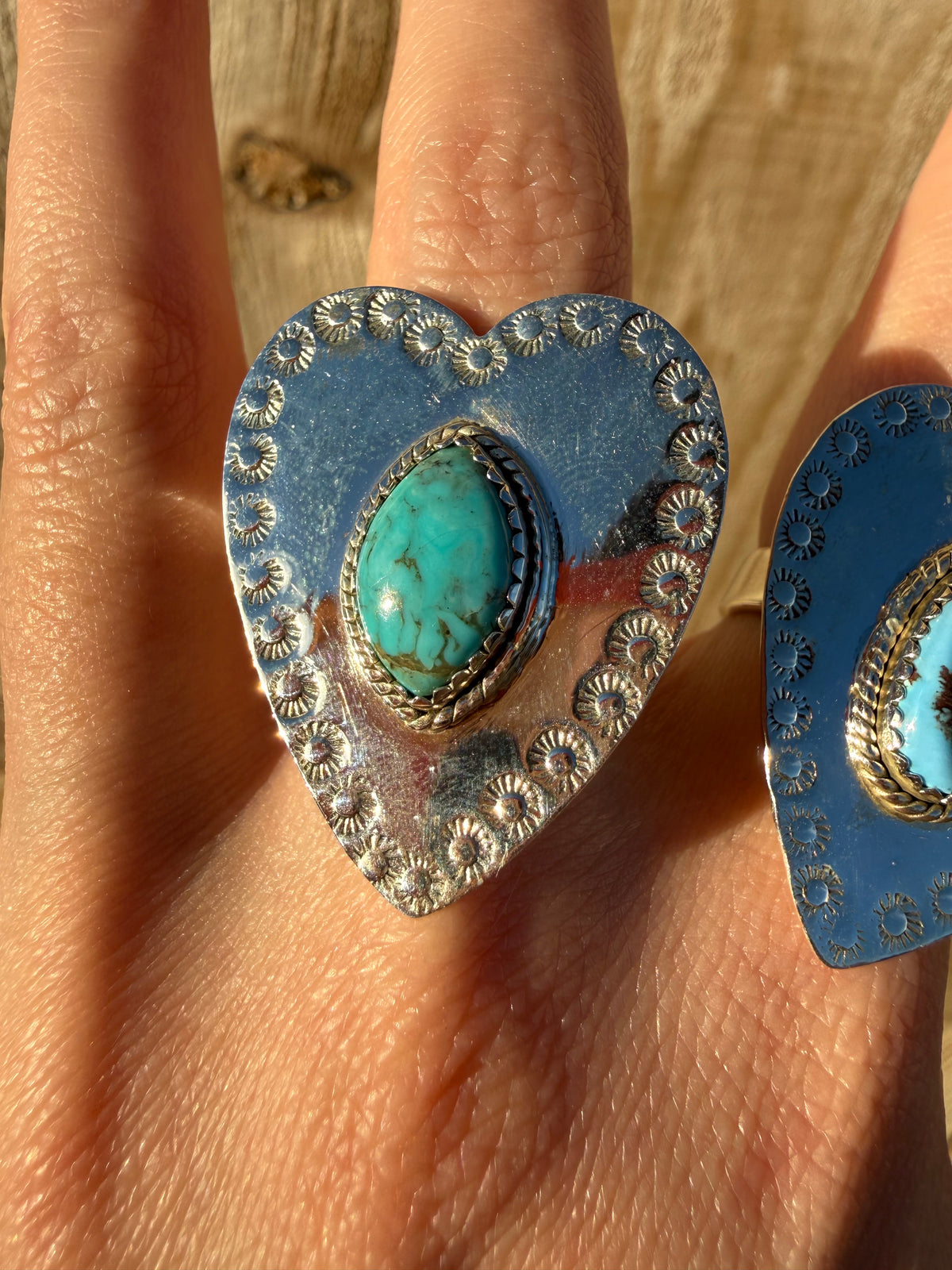 Golden Hills or Kingman Turquoise Bug Heart Sterling Silver Adjustable Ring