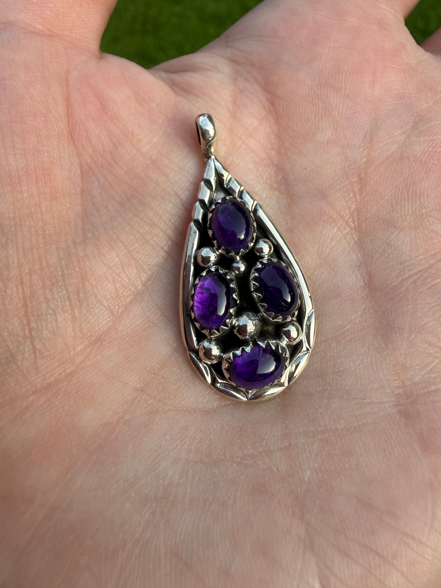 Navajo Amethyst Sterling Silver Tear Drop Cluster Pendant