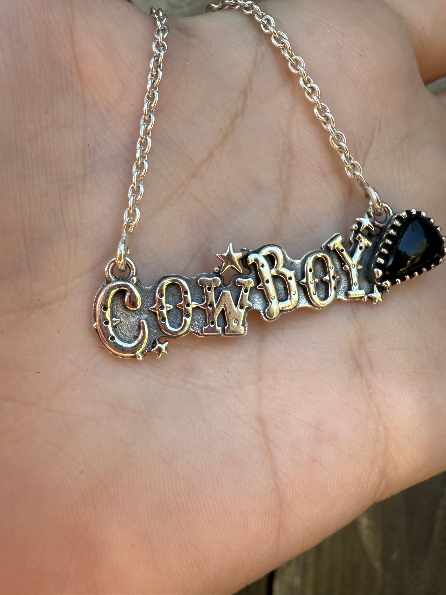 Black Onyx Cowboy Plate Sterling Silver Bar Necklace