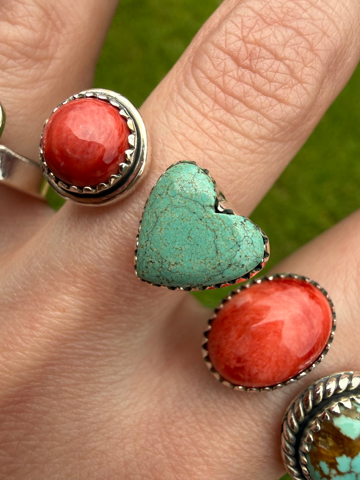 Red Spiny and Turquoise Floater Sterling Silver Rings