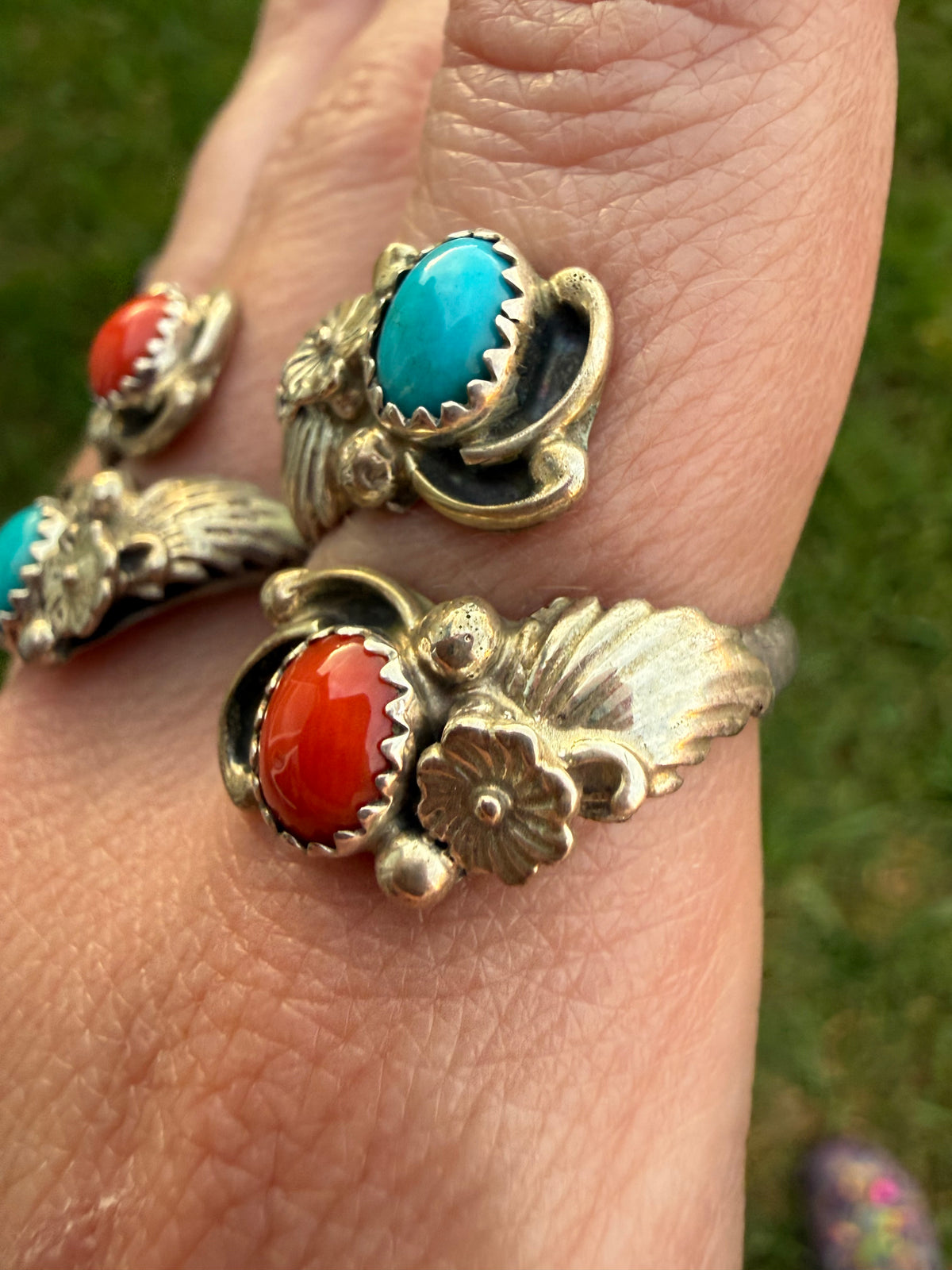 Navajo Coral and Turquoise Flower Accent Sterling Silver Floater Bypass Ring