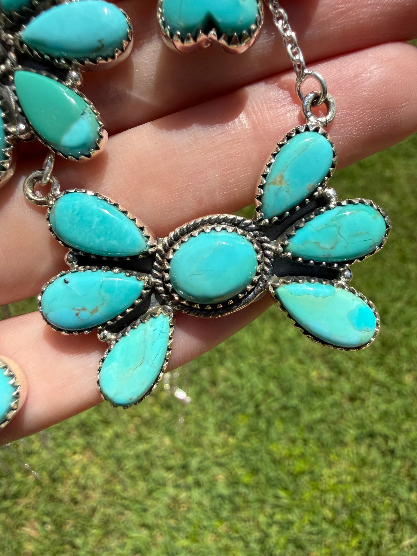 Kingman Turquoise Classic Cluster Sterling Silver Necklace