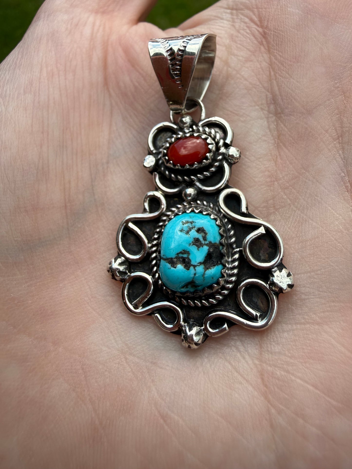 Navajo Coral And Turquoise Sterling Silver Pendant