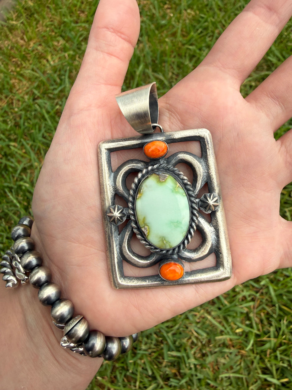 Navajo Palomino and Orange Spiny Statement Square Sterling Silver Pendant