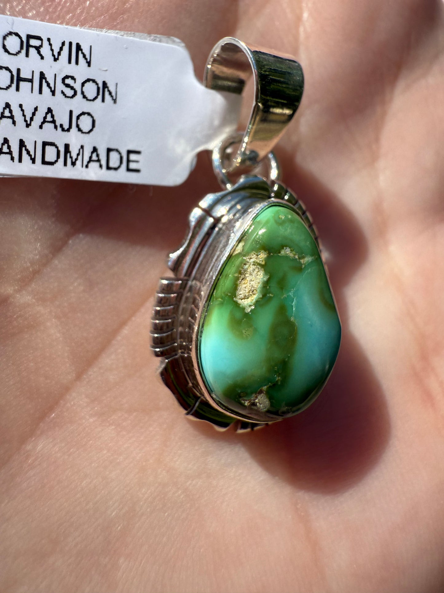 Navajo Sonoran Gold Turquoise Sterling Silver Pendant by Norvin Johnson