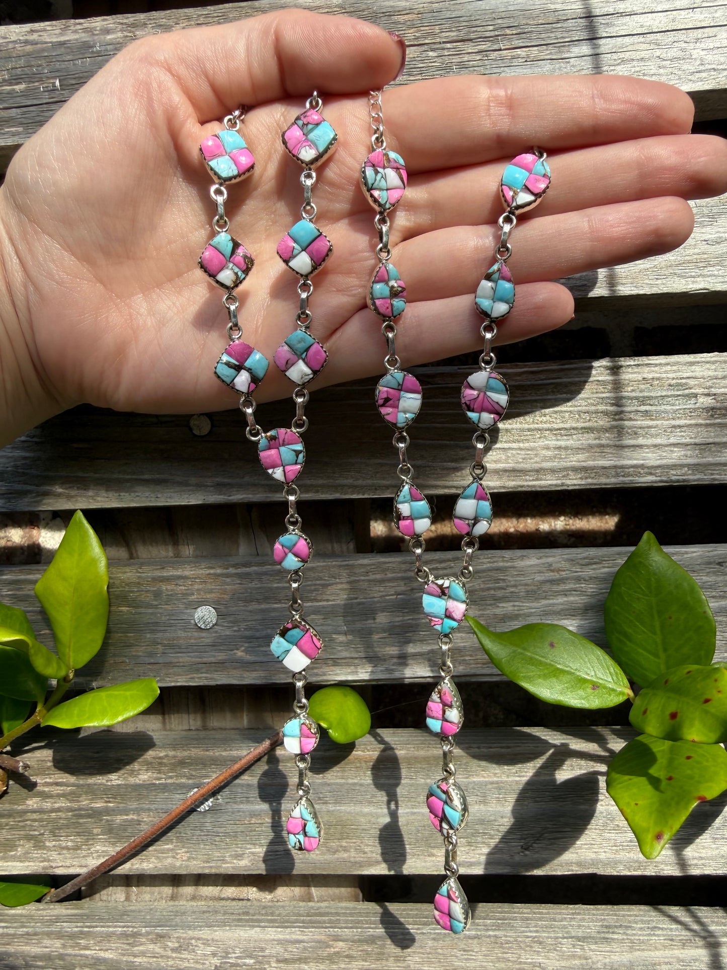 Cotton Candy Turquoise Cobblestone Sterling Silver Statement Lariat Necklace