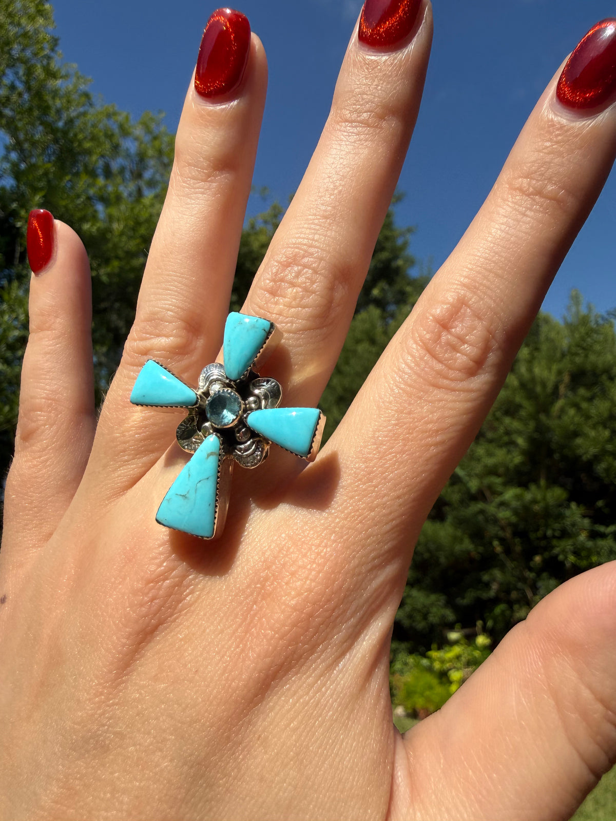 Navajo Turquoise and Blue Topaz Sterling Silver Ring - Size 7