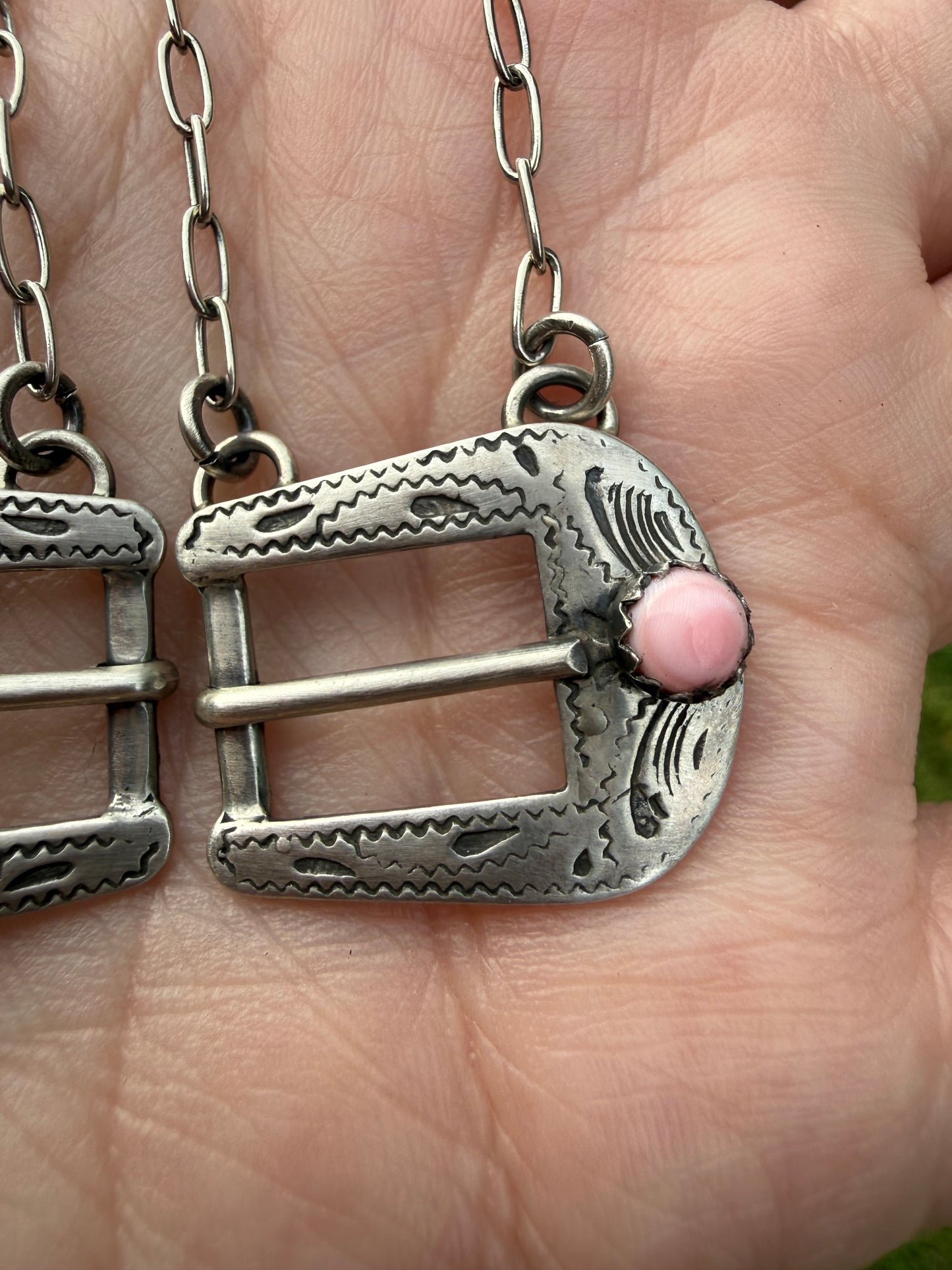 Native Turquoise or Pink Conch Belt Buckle Sterling Silver Necklace