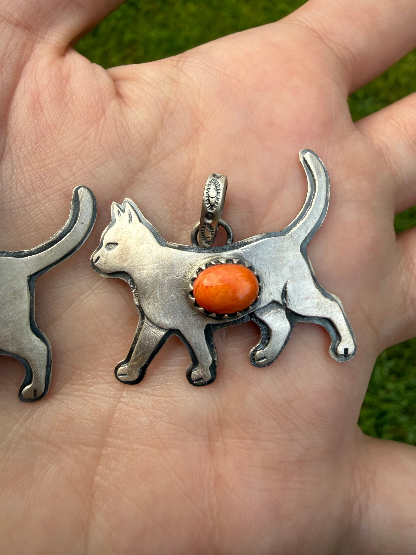 Cat Turquoise or Orange Spiny Sterling Silver Handmade Pendant