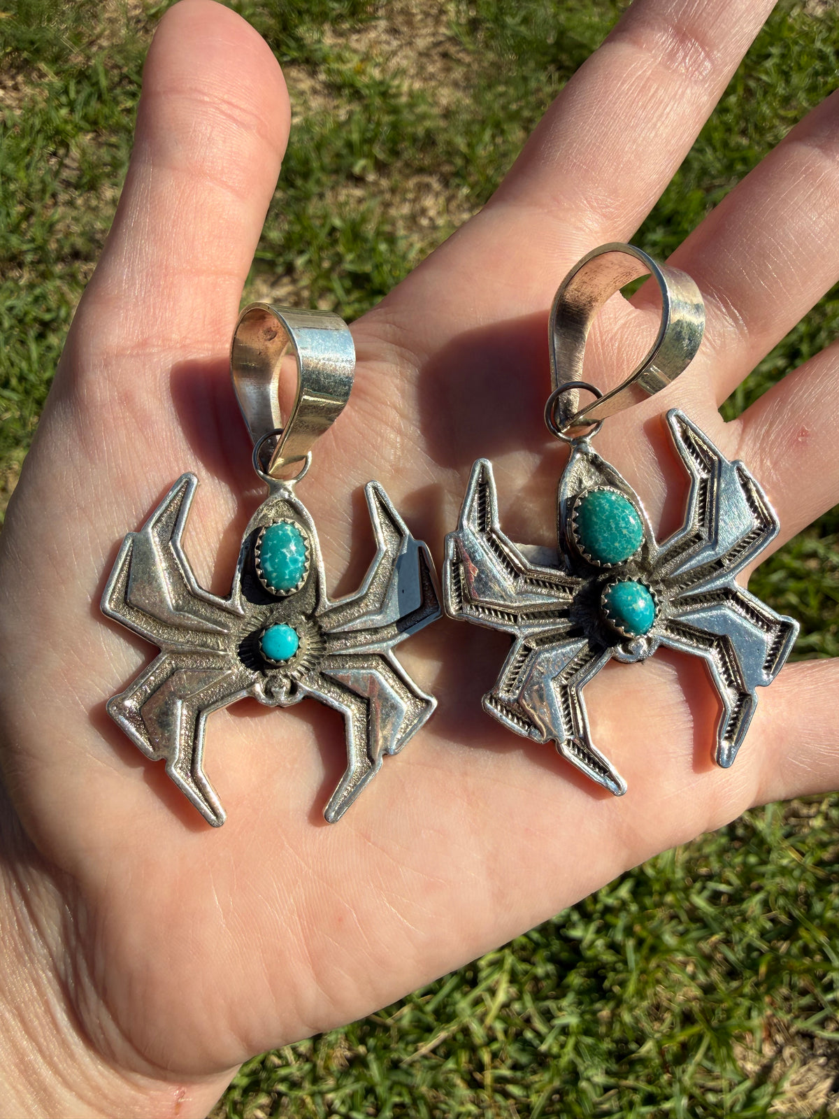 Navajo Spider Double Turquoise Stone Sterling Silver Pendant