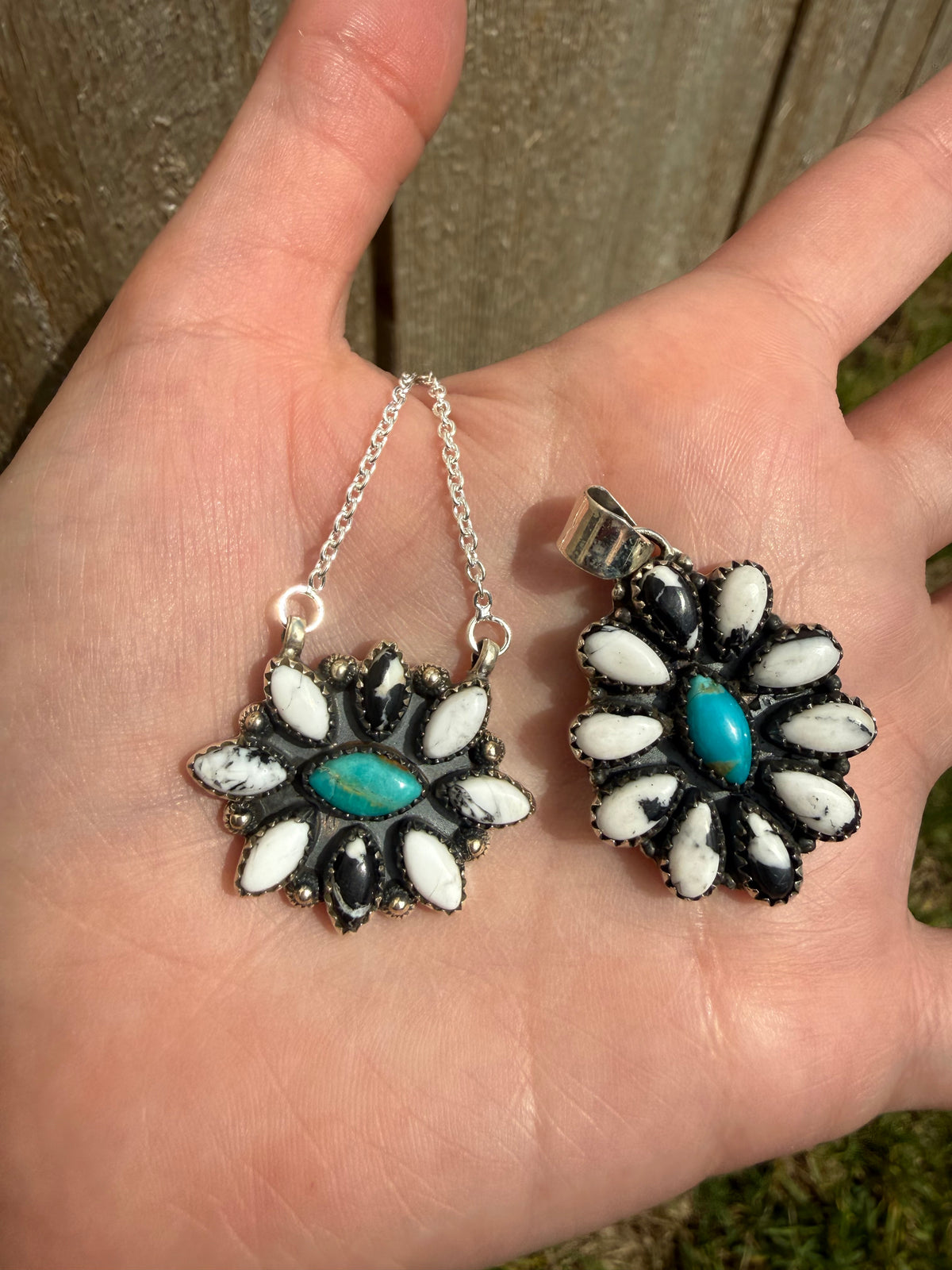 Kingman Turquoise and White Buffalo Full Flower Sterling Silver Pendant or Necklace