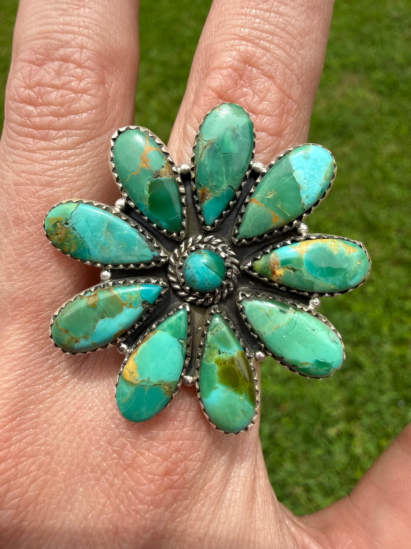 Kingman Turquoise Big Full Flower Sterling Silver Adjustable Ring