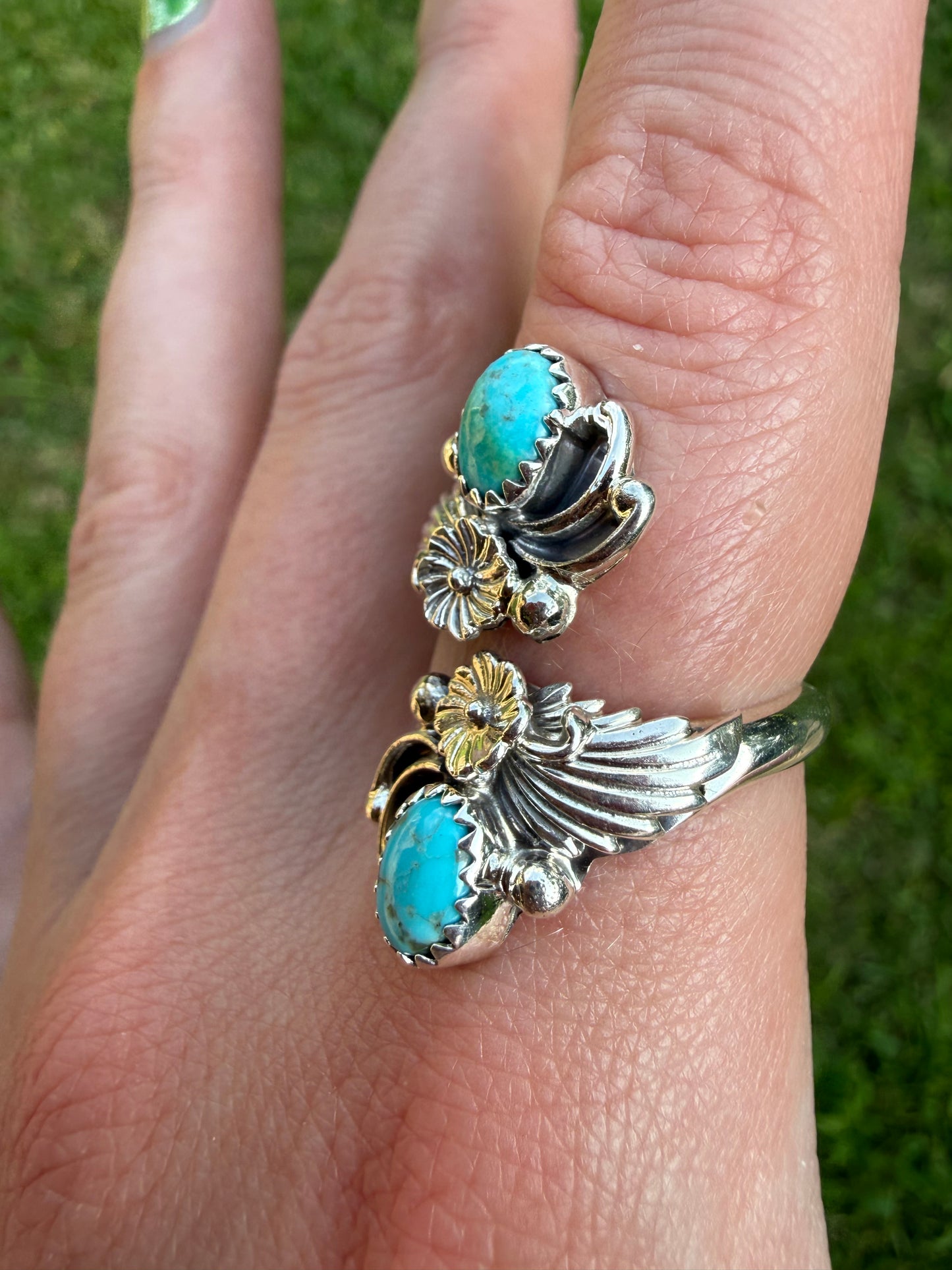 Native Turquoise Flower Floater Sterling Silver Ring