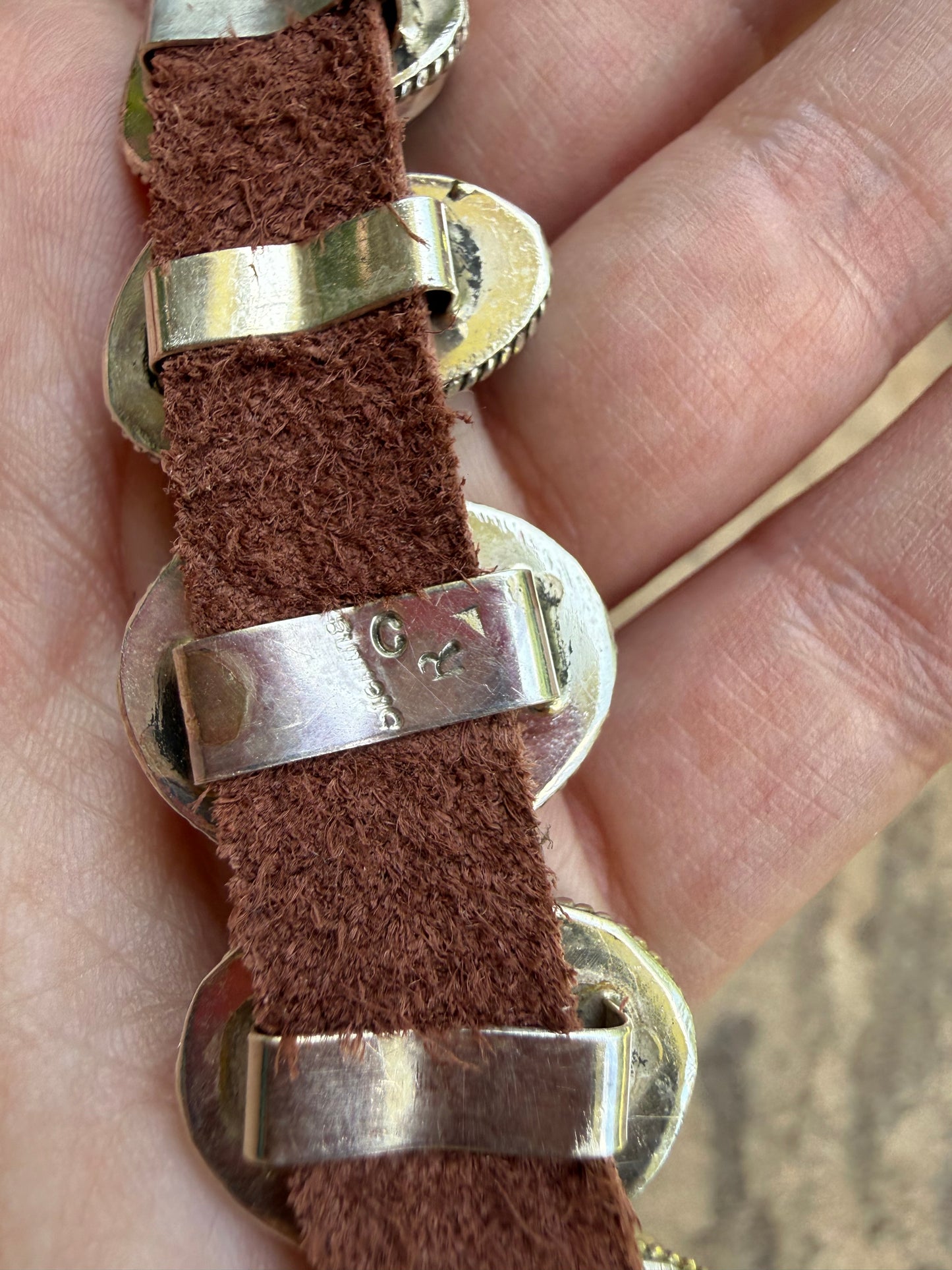 Navajo Turquoise and Pink Conch 7 Stone Sterling Silver And Leather Bracelet
