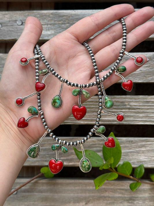 Cherry Red Rosarita and Sonoran Gold Turquoise Sterling Silver Desert Pearl Necklace