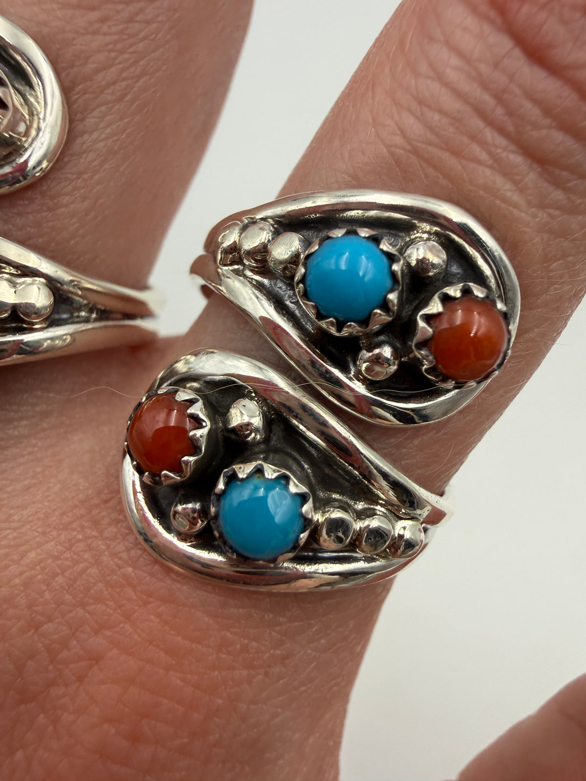 Navajo Turquoise and Coral Sterling Silver Floater Adjustable Sterling Ring