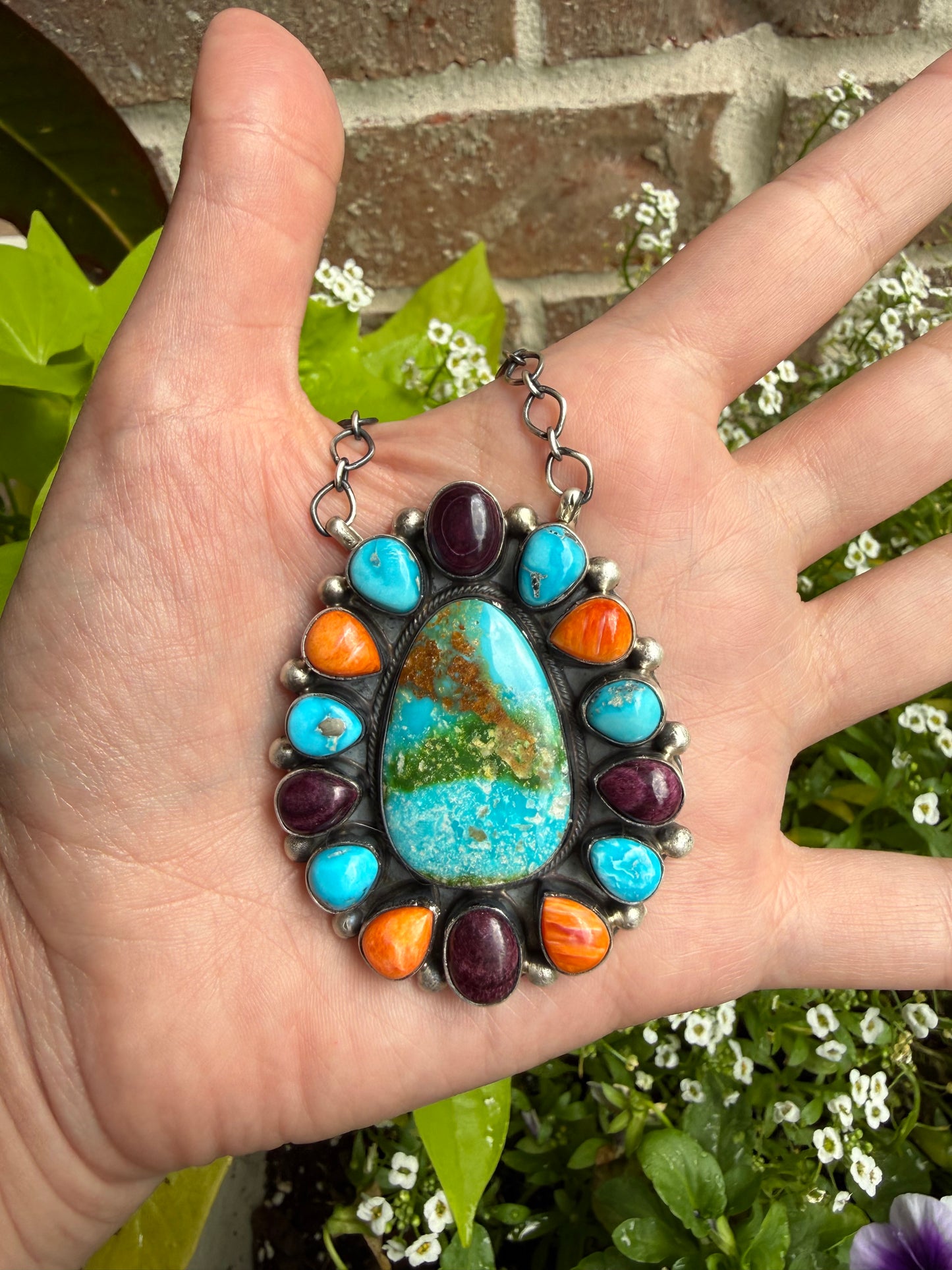Native Multi Stone Full Flower Cluster Sterling Silver Necklace