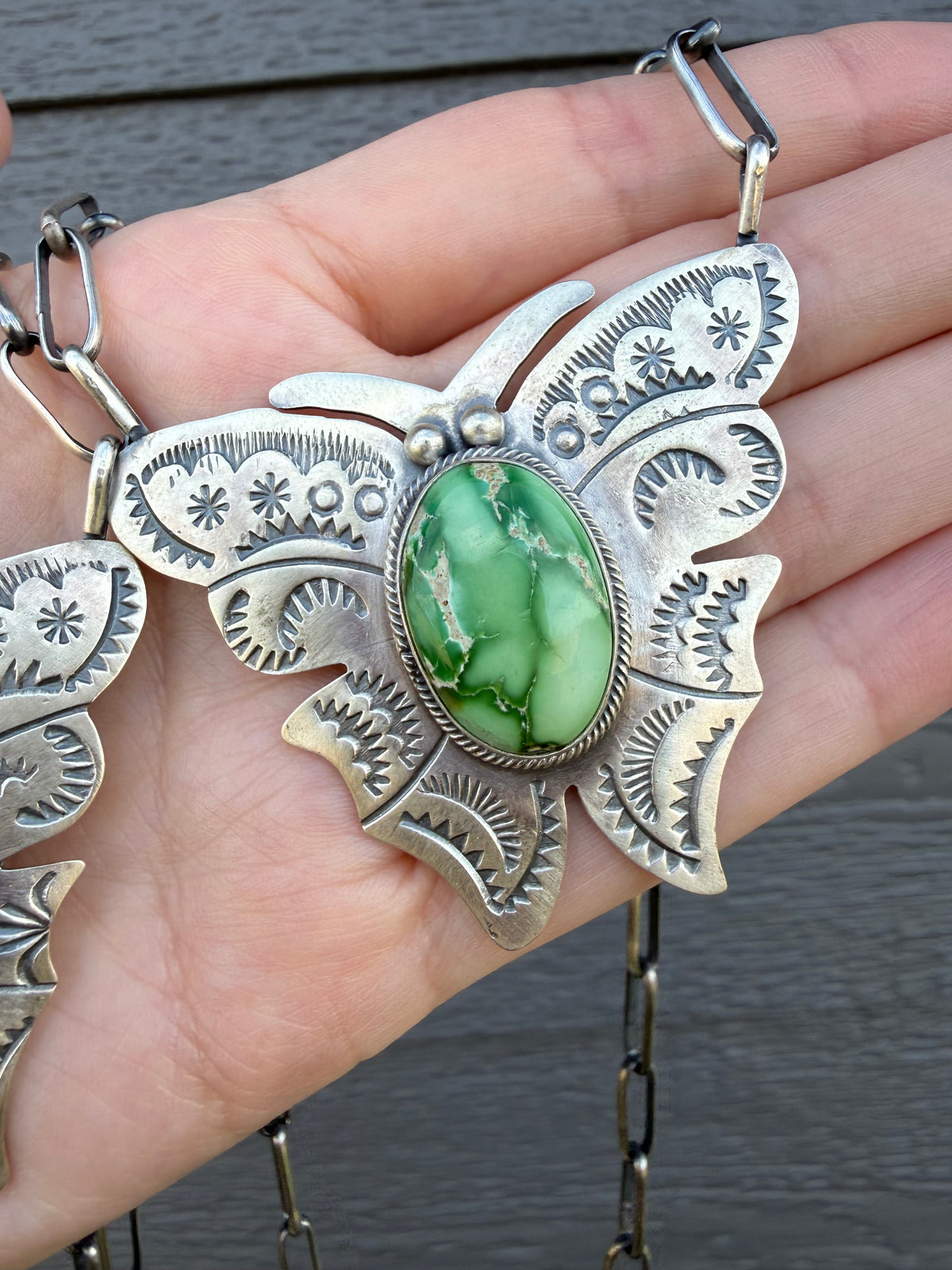 Navajo Sonoran Gold or Webbed Kingman Turquoise Butterfly Sterling Silver Necklace