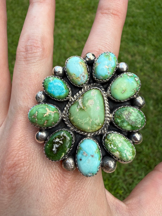 Native Sonoran Gold Turquoise Statement Full Flower Adjustable Sterling Silver Ring