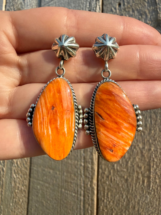Navajo Orange Spiny Peyote Button Sterling Silver Big Drop Earrings