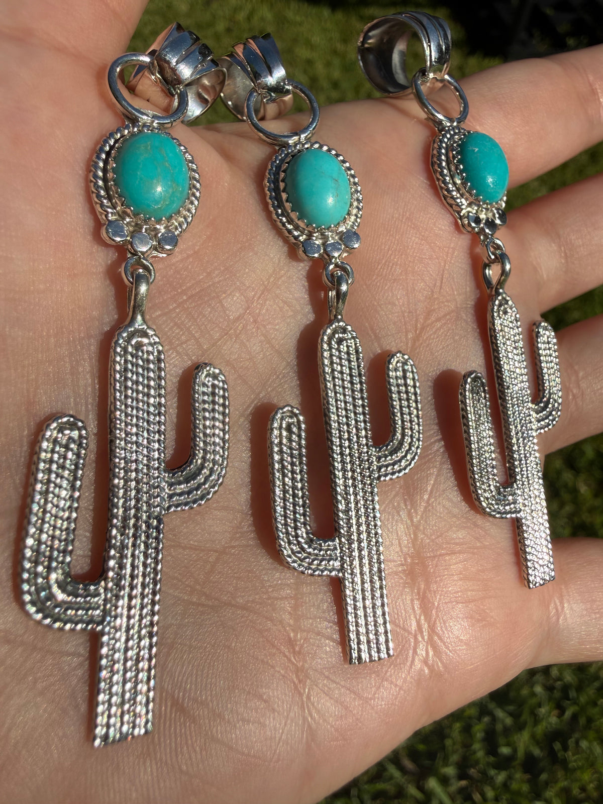Navajo Turquoise Drop Cactus Sterling Silver Pendant