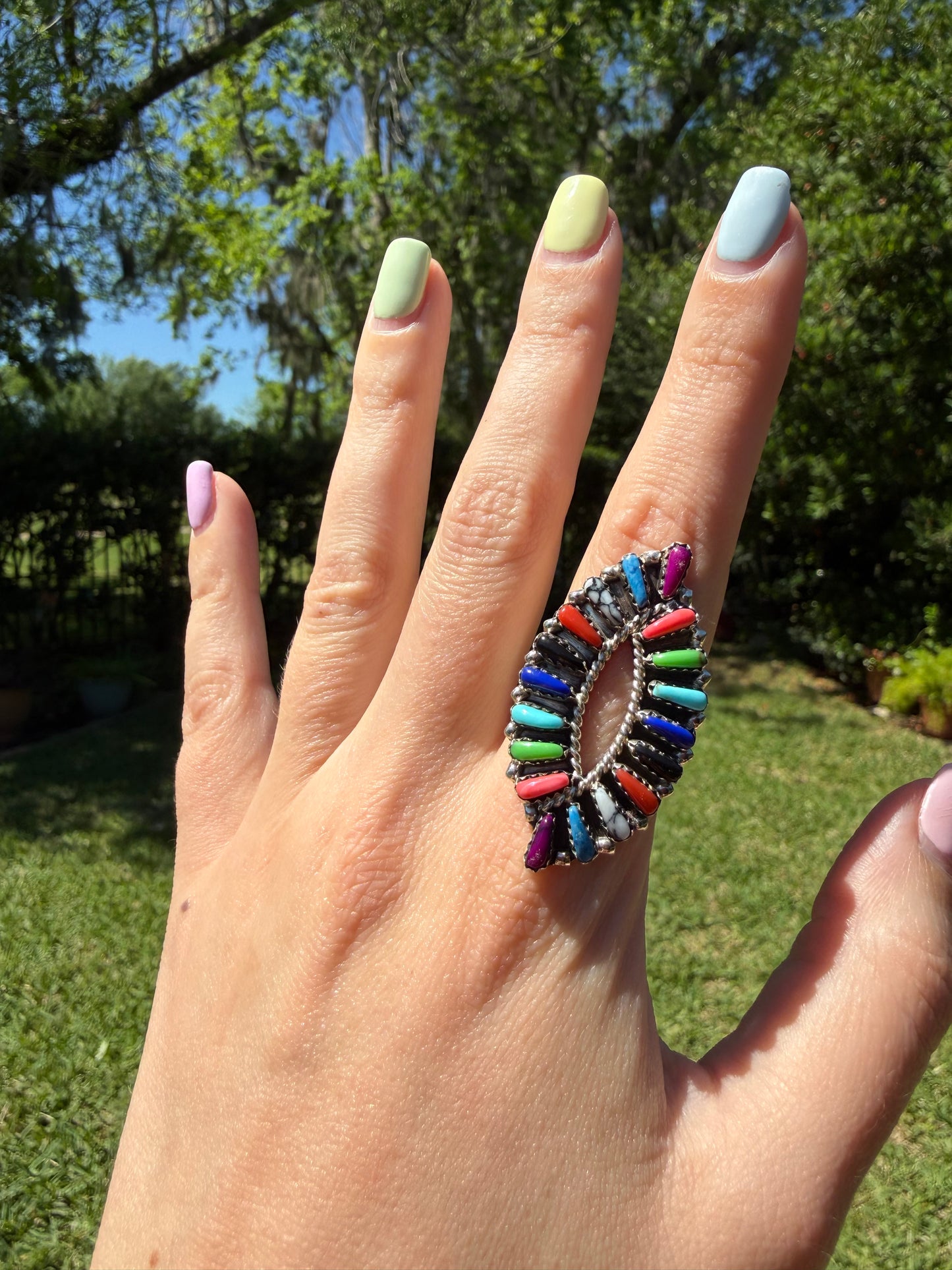 Navajo Multi Stone Cluster Sterling Silver Ring - SIZE 8.5