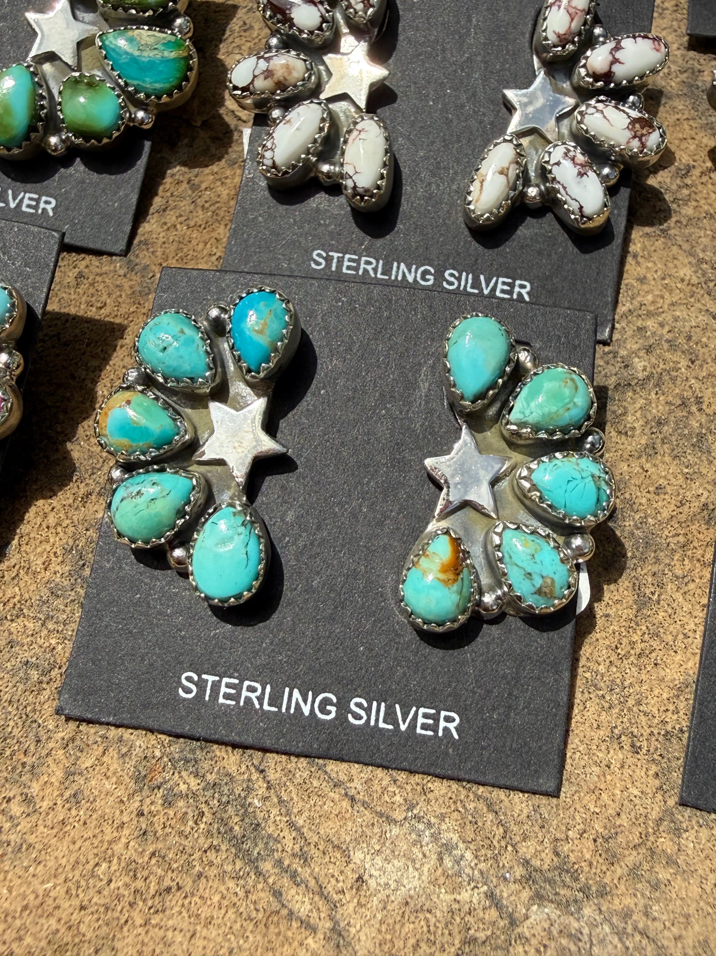 Turquoise Star and Multi Stone Half Cluster Sterling Silver Earrings