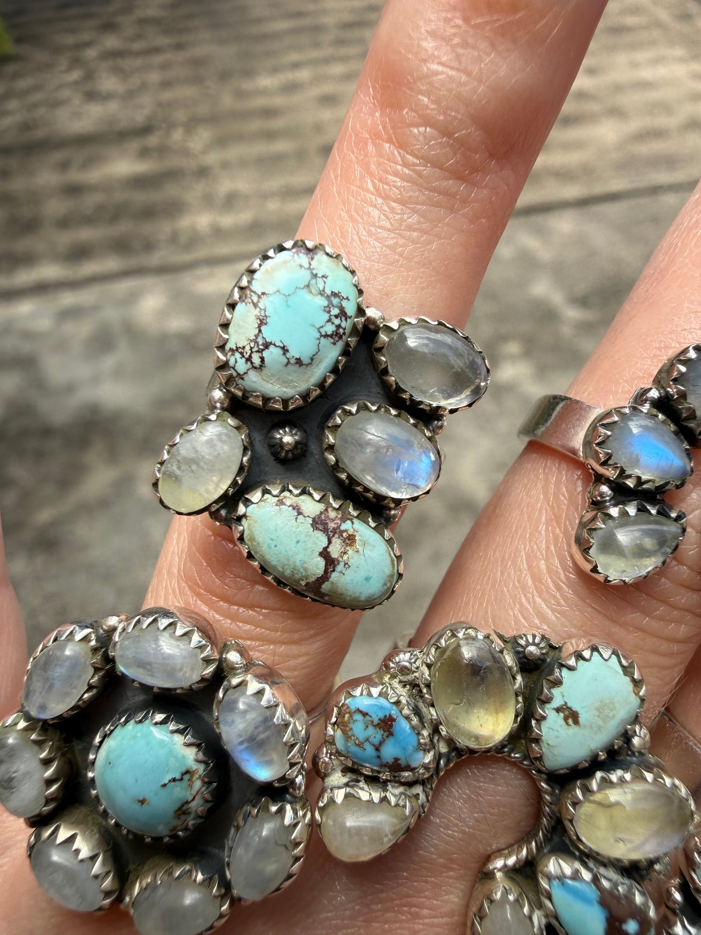 Rainbow Moonstone and Golden Hills Turquoise Adjustable Sterling Silver Ring