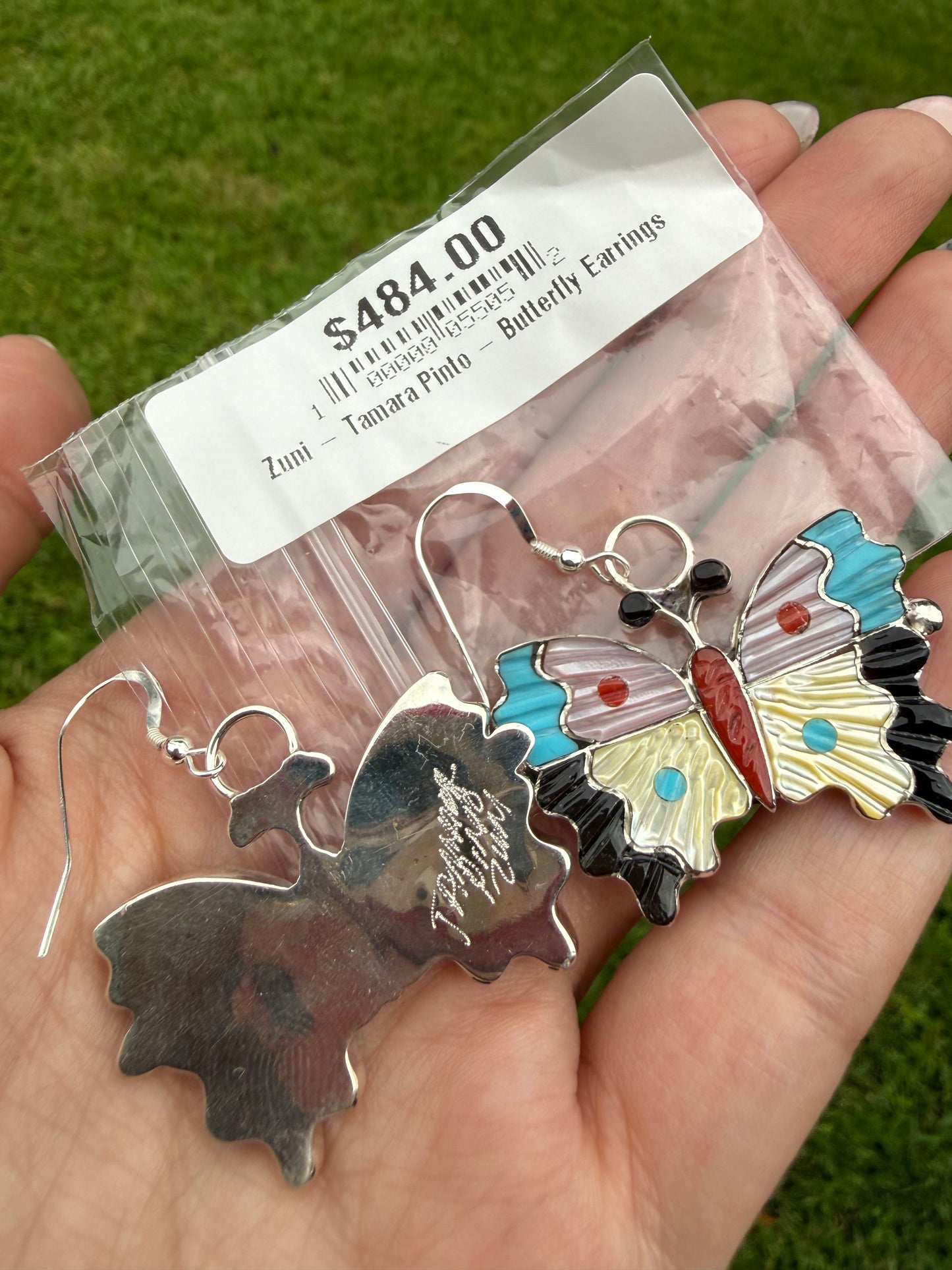 Zuni Butterfly Inlay Sterling Silver Multi Stone Earrings by Tamara Pinto