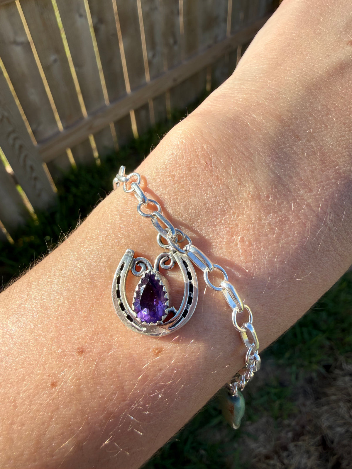 Navajo Amethyst and Turquoise Horseshoe Charm Sterling Silver Bracelet