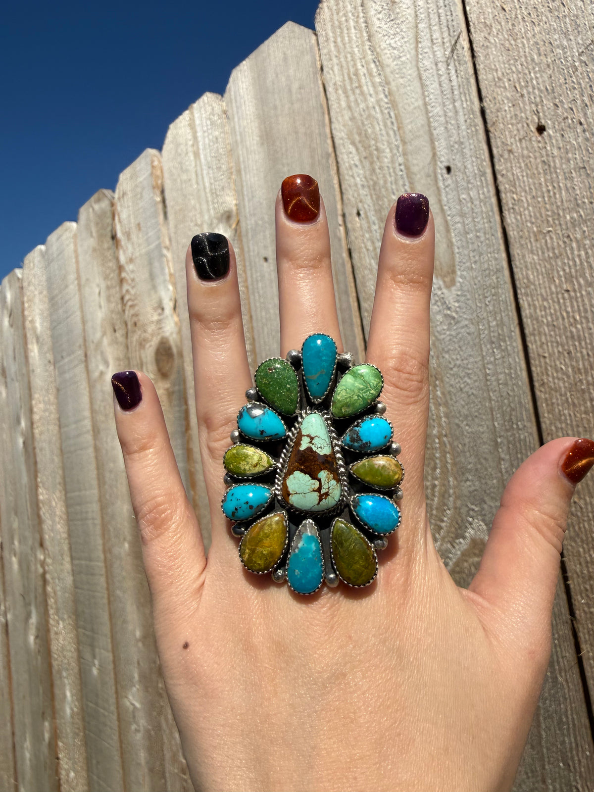 Navajo Big Multi Turquoise Full Flower Cluster Sterling Silver Adjustable Ring