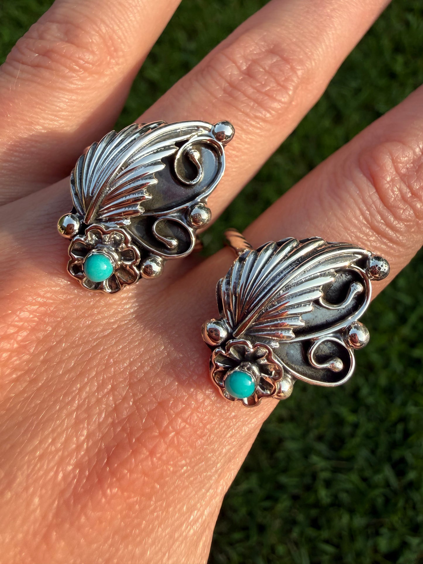 Navajo Turquoise Leaf and Flower Accent Sterling Silver Ring