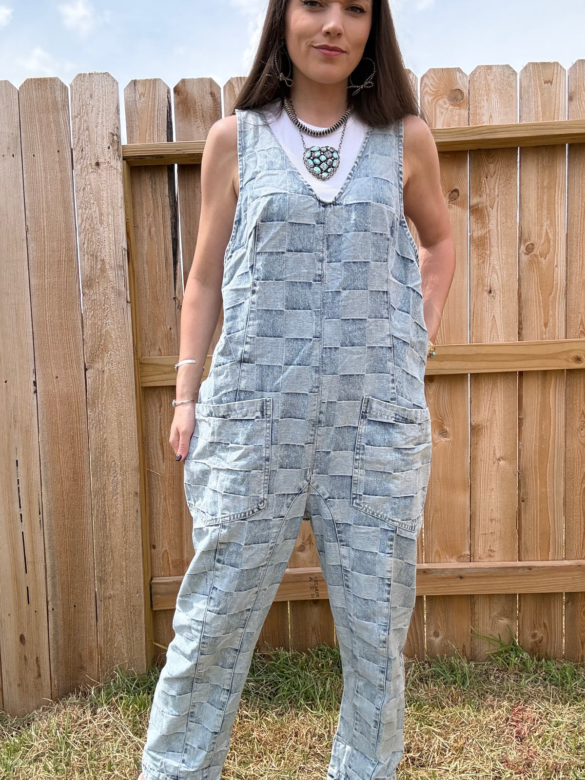 Thee Blue Brick Jumpsuit Denim Checkered Block Overall Jumpsuit
