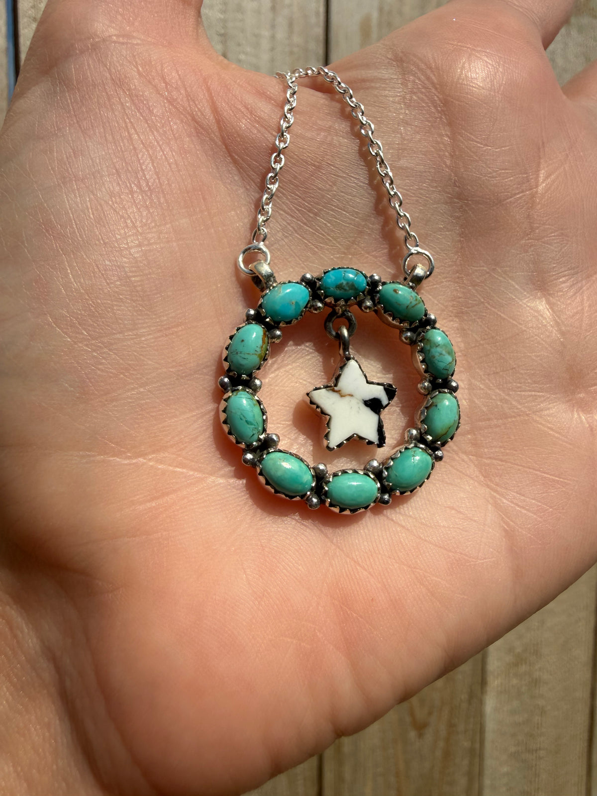 Kingman Turquoise and White Buffalo Circle with Star Drop Sterling Silver Necklace