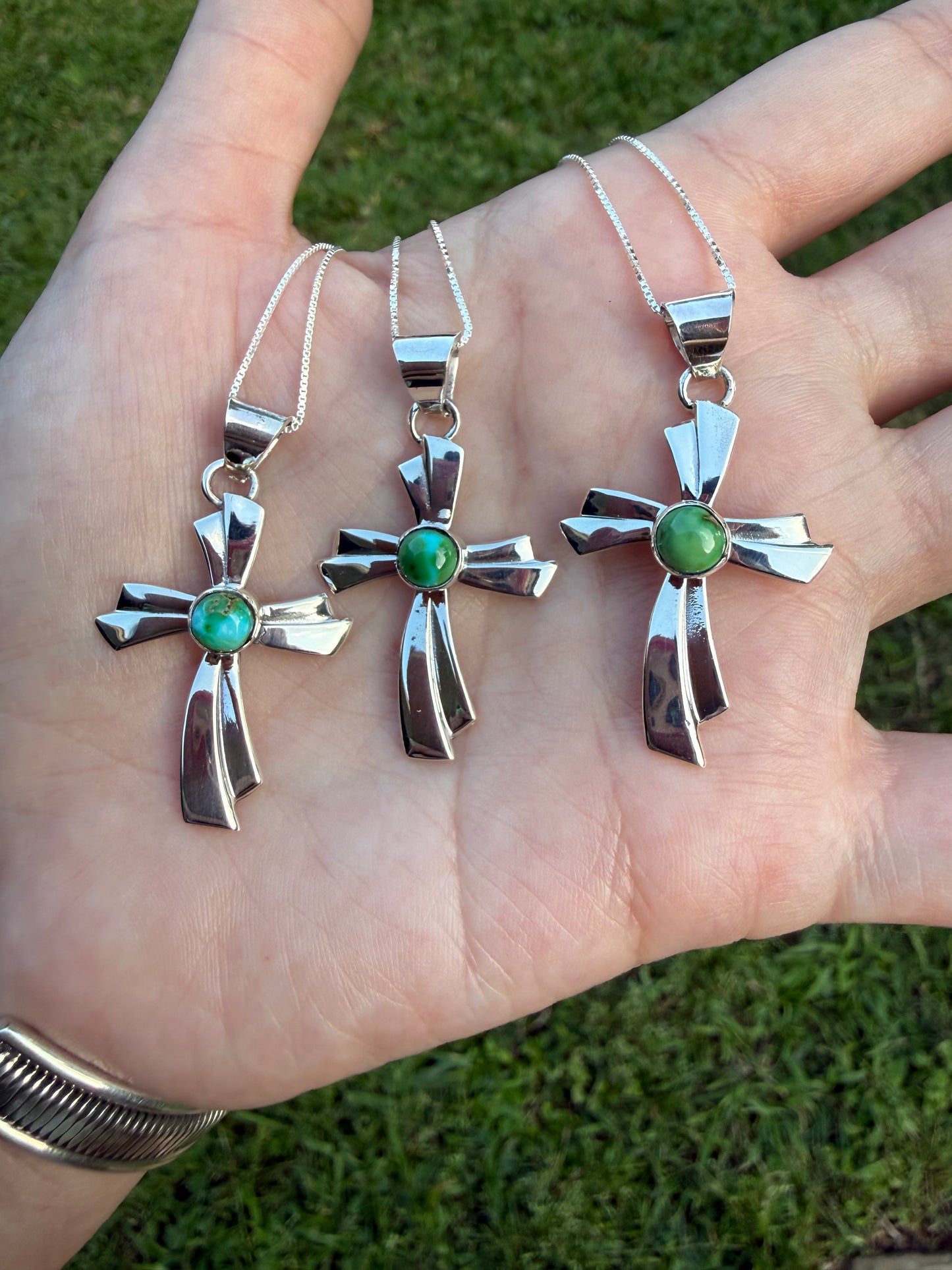 Navajo Sonoran Gold Turquoise Cross Sterling Silver Necklace by Jerold Francisco