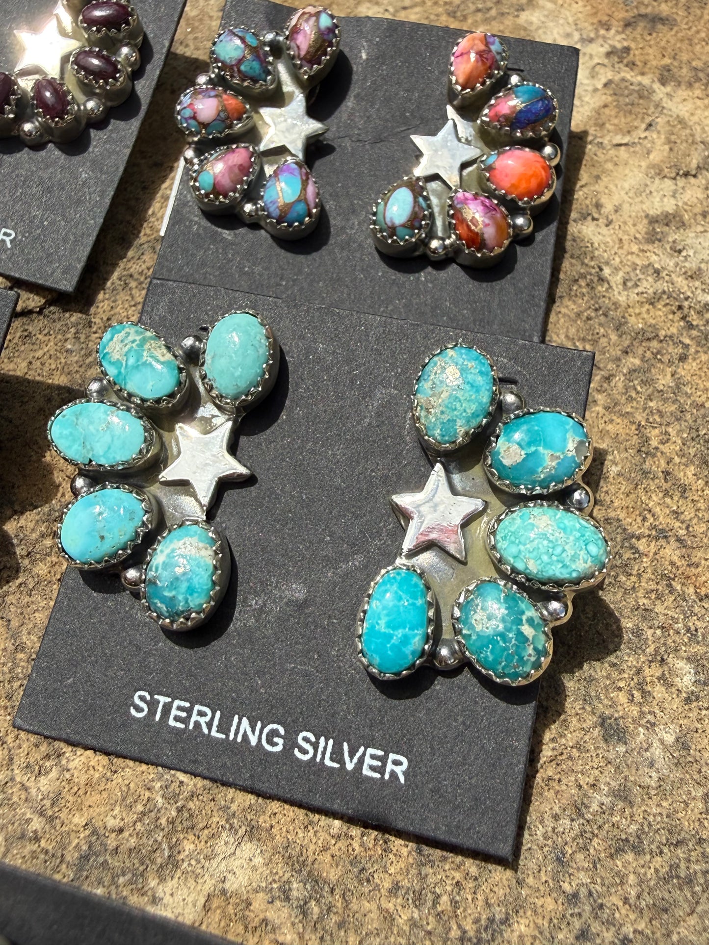 Turquoise Star and Multi Stone Half Cluster Sterling Silver Earrings