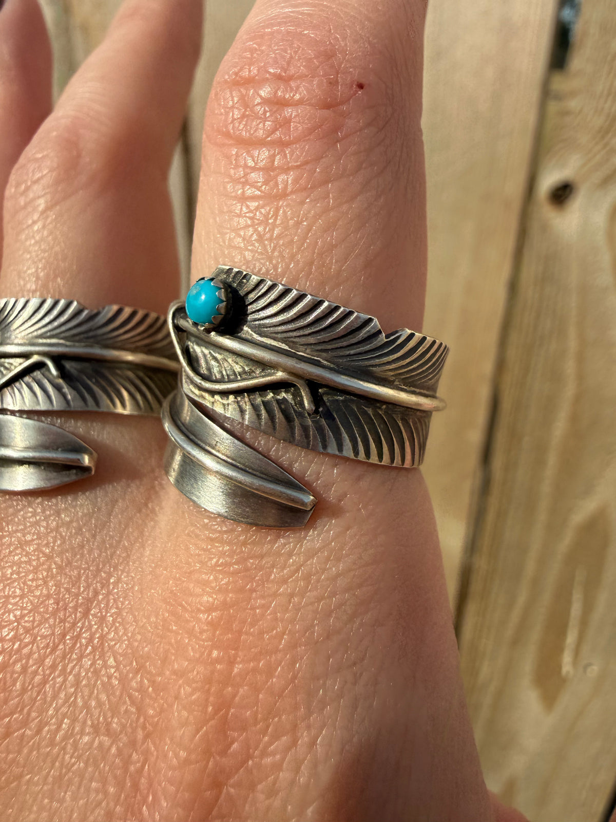 Navajo Single Turquoise Stone Feather Bypass Floater Sterling Silver Ring