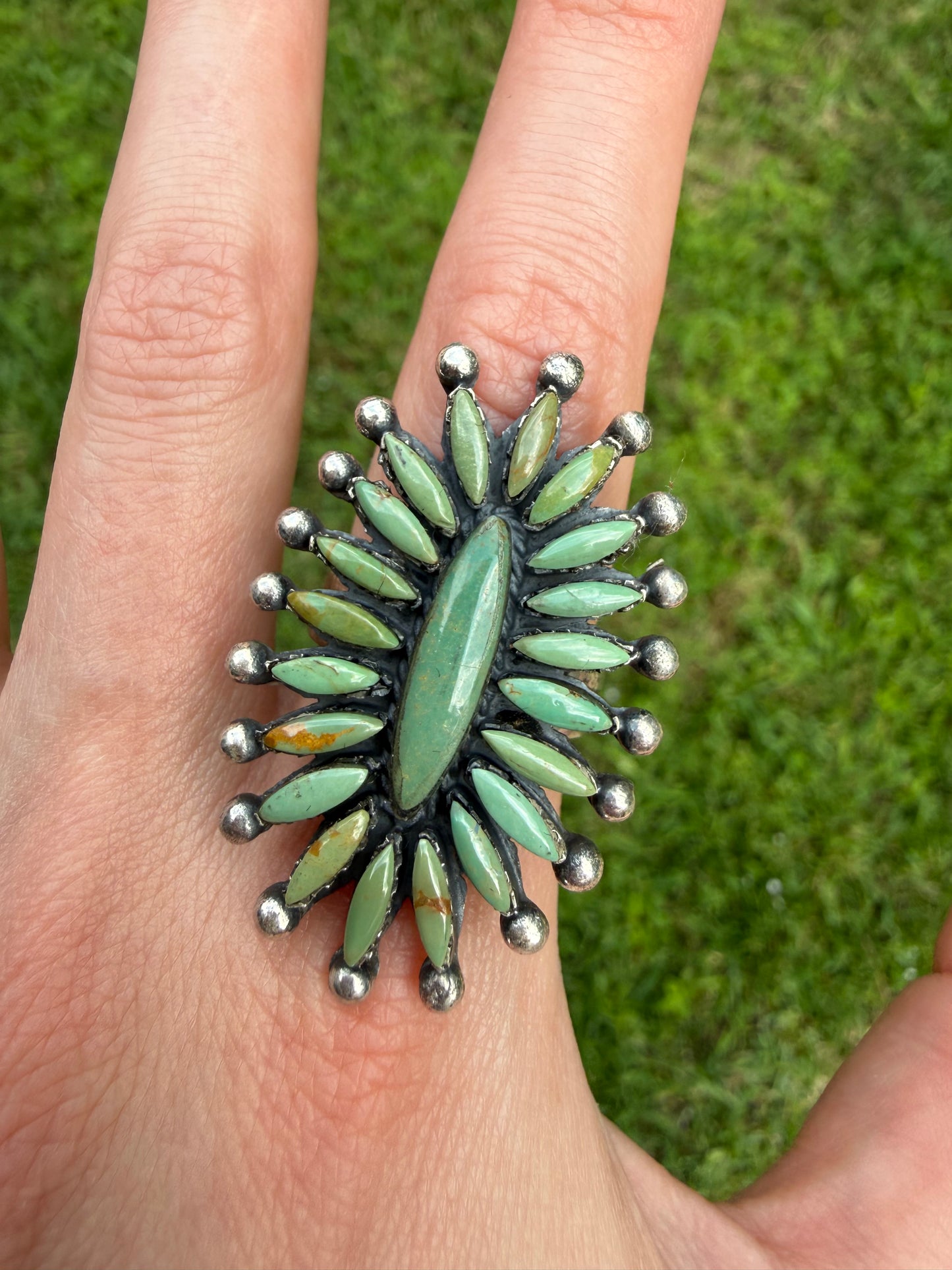 Kingman Turquoise Needlepoint Sterling Silver Adjustable Ring