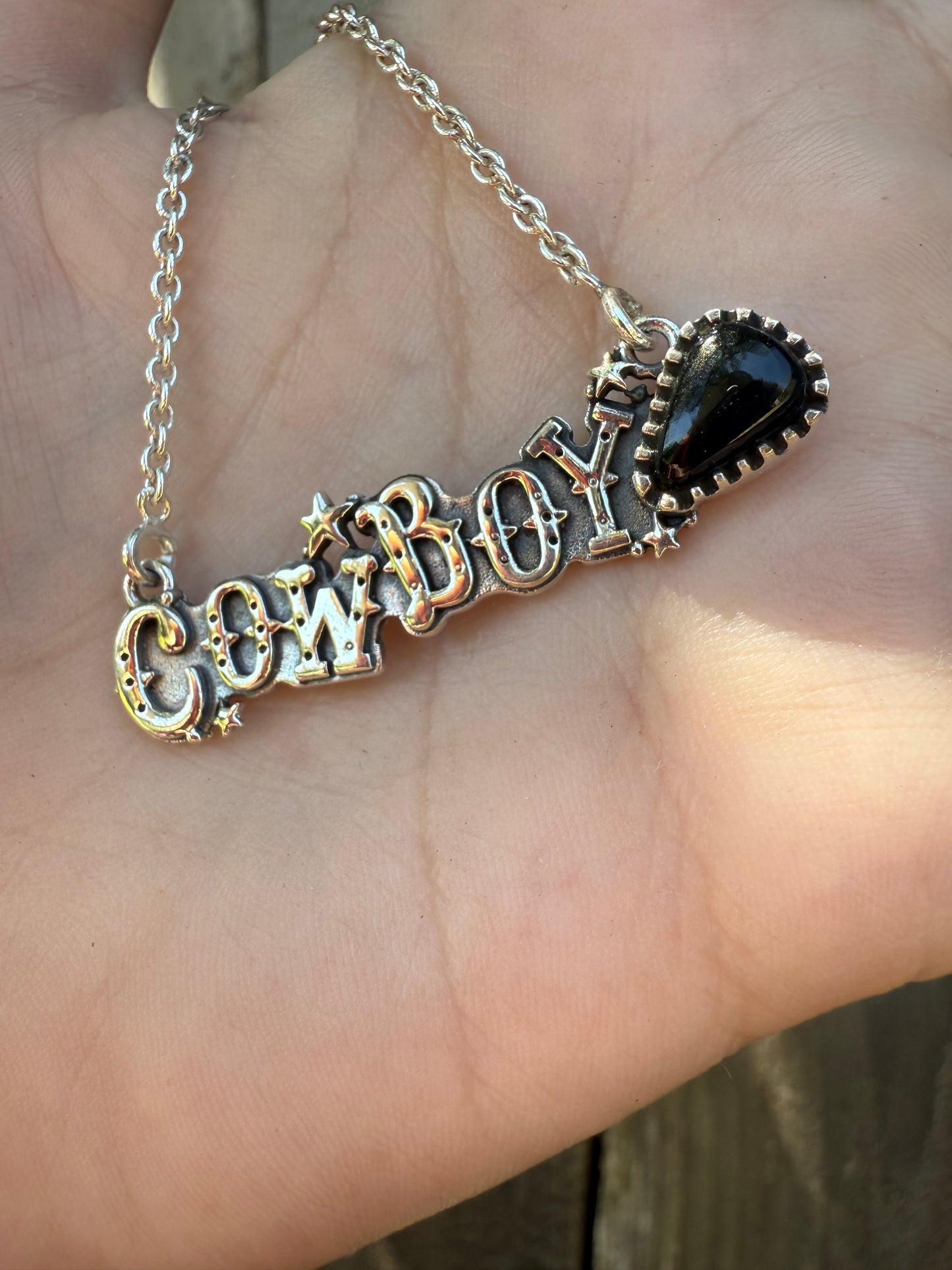 Black Onyx Cowboy Plate Sterling Silver Bar Necklace
