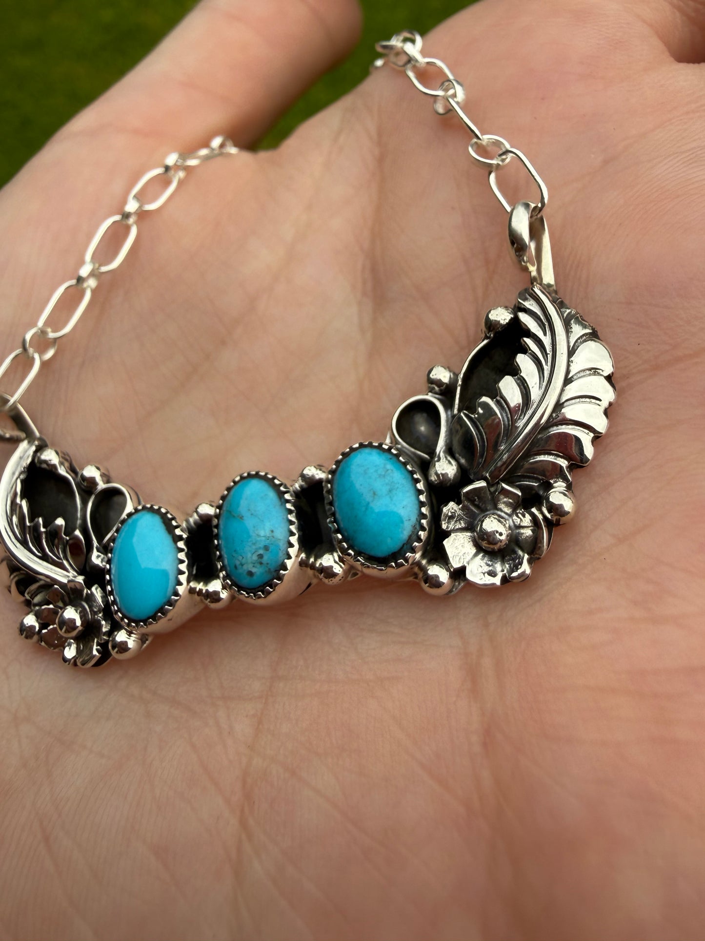 Navajo Triple Stone With Leaf Accent Sterling Silver Bar Necklace