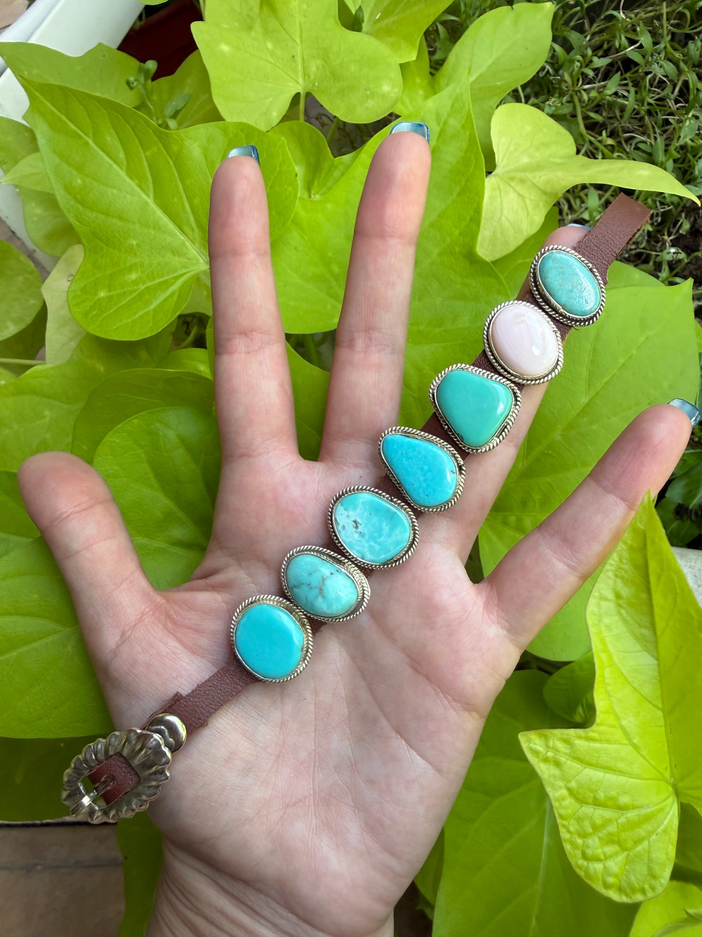Navajo Turquoise and Pink Conch 7 Stone Sterling Silver And Leather Bracelet
