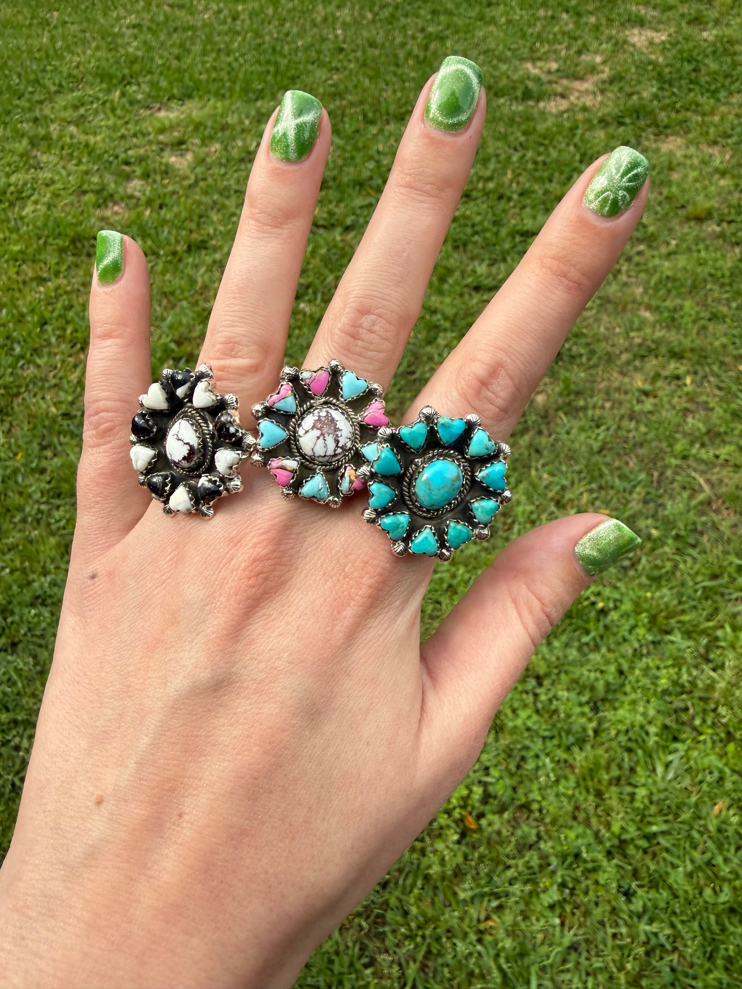 Kingman Turquoise, Cotton Candy and White Buffalo Wild Horse Heart Adjustable Ring