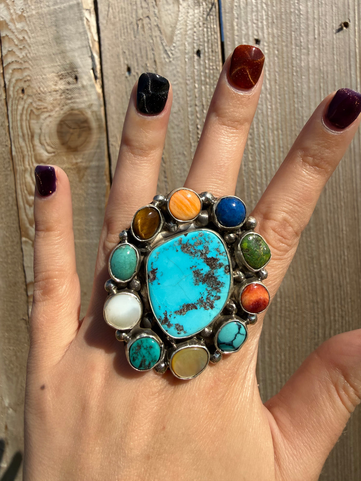 Navajo Multi Stone Big Statement Full Flower Cluster Adjustable Sterling Silver Ring