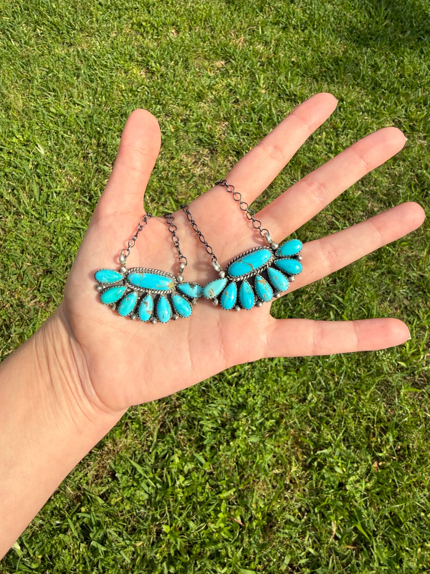 Native Turquoise Half Cluster Flower Sterling Silver Necklace