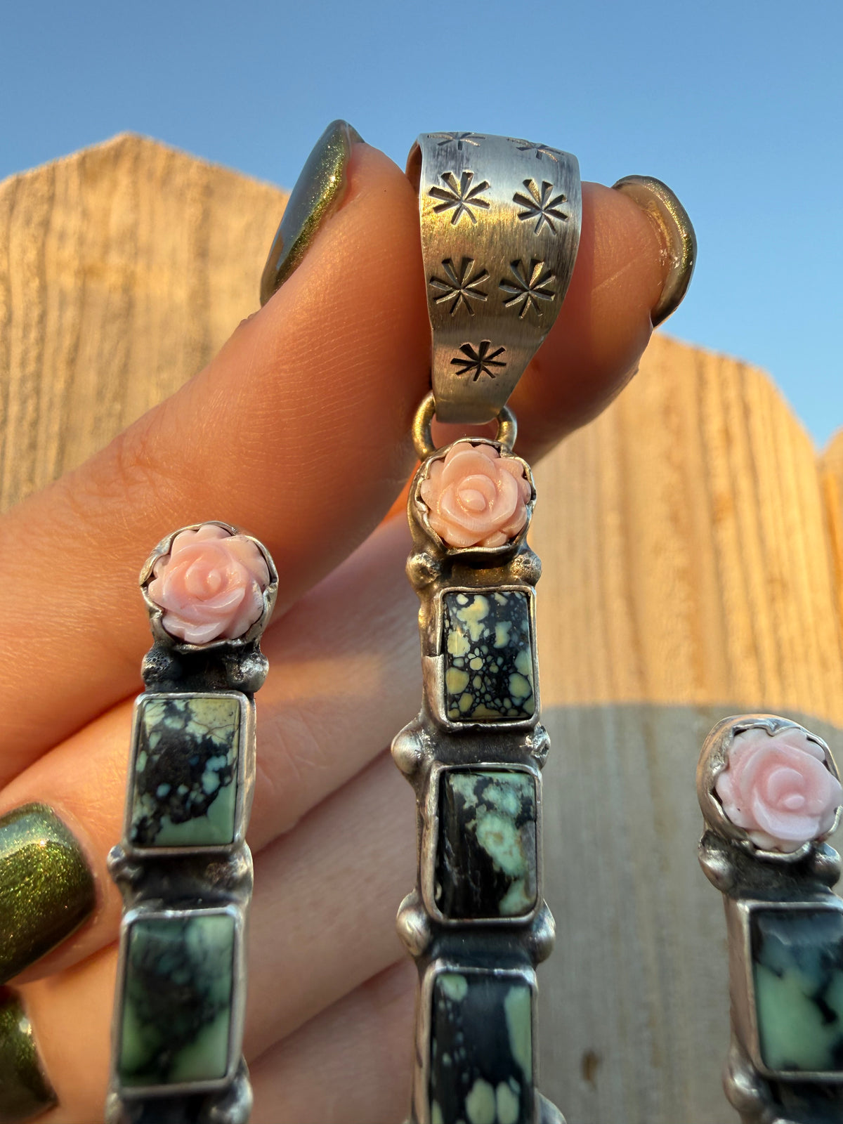 Navajo Blackjack Turquoise Cactus with Carved Pink Conch Flower Sterling Silver Handmade Pendant